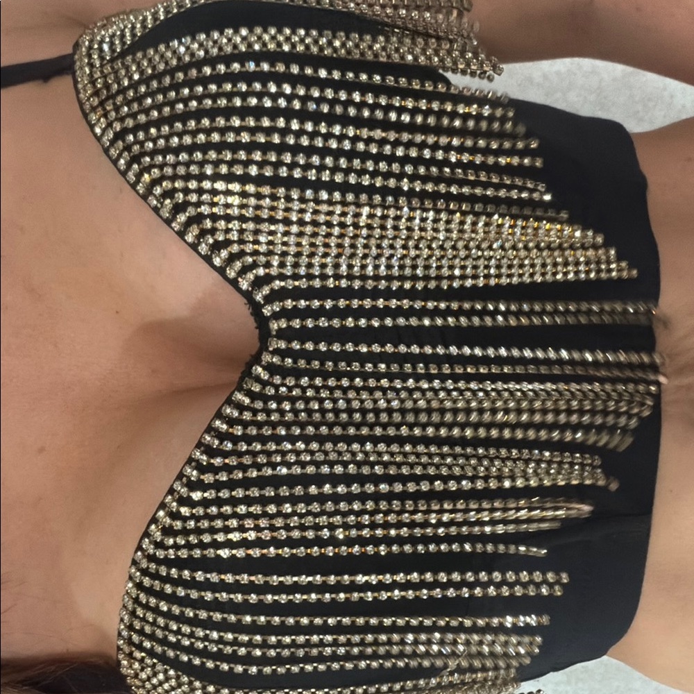 Black Bra Top with Gold Rhinestone Fringe